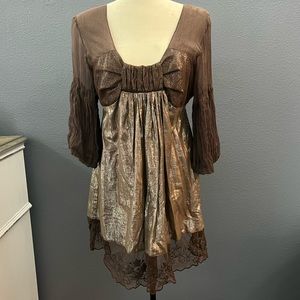 Chaundry Brown Sparkle/Lace Tunic Blouse Sz Lg